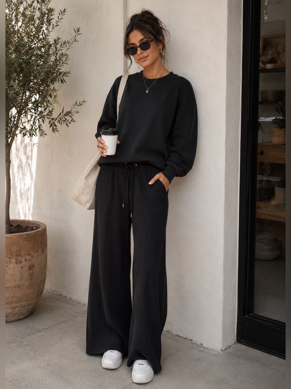 Secret Treasures Pants Black Ribbed Pull On Drawstring Wide Leg